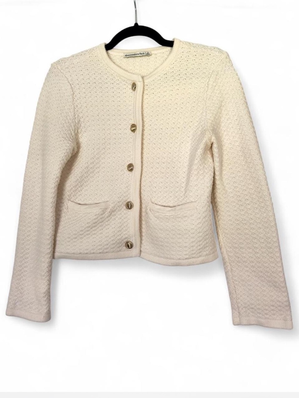 Abercrombie & Fitch Cream Textured Knit Blazer with Gold Buttons